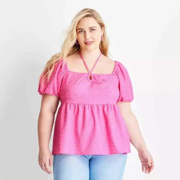 XL Textured Pink Square Tie Neckline Puffed Short Sleeve Top Future Collective - Picture 1 of 9
